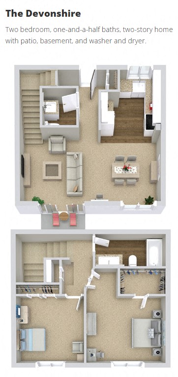 Floor plan for 2 beds, 1.5 baths, 1000 sqft